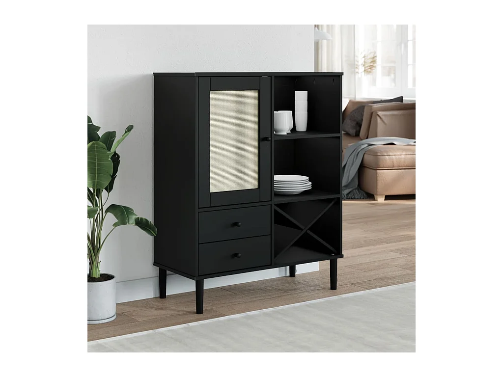 Buffet haut SENJA aspect rotin noir 90x40x112cm bois massif de pin EGER32440