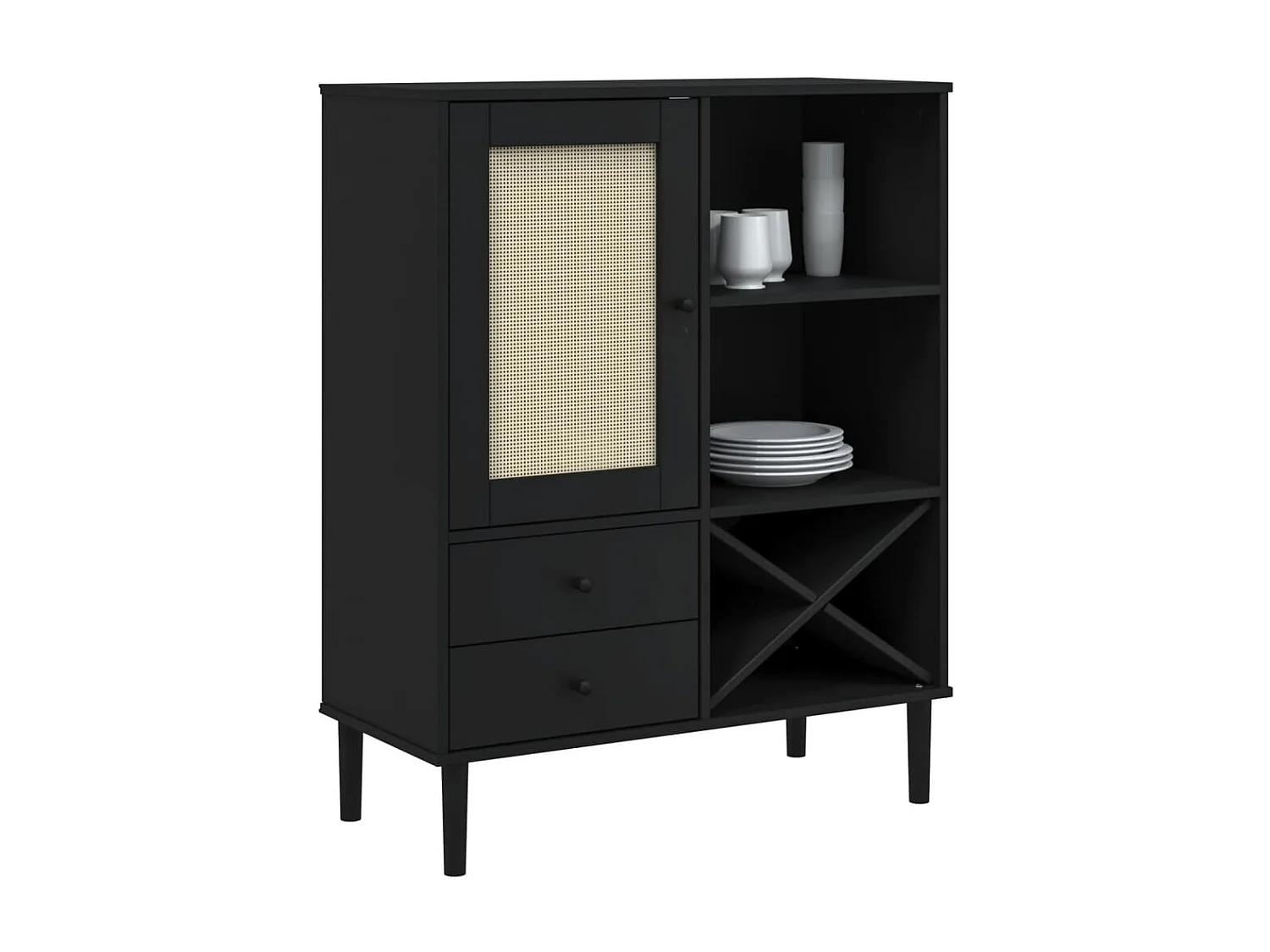 Aparador alto SENJA aspecto de ratán madera negro 90x40x112 cm ES75565