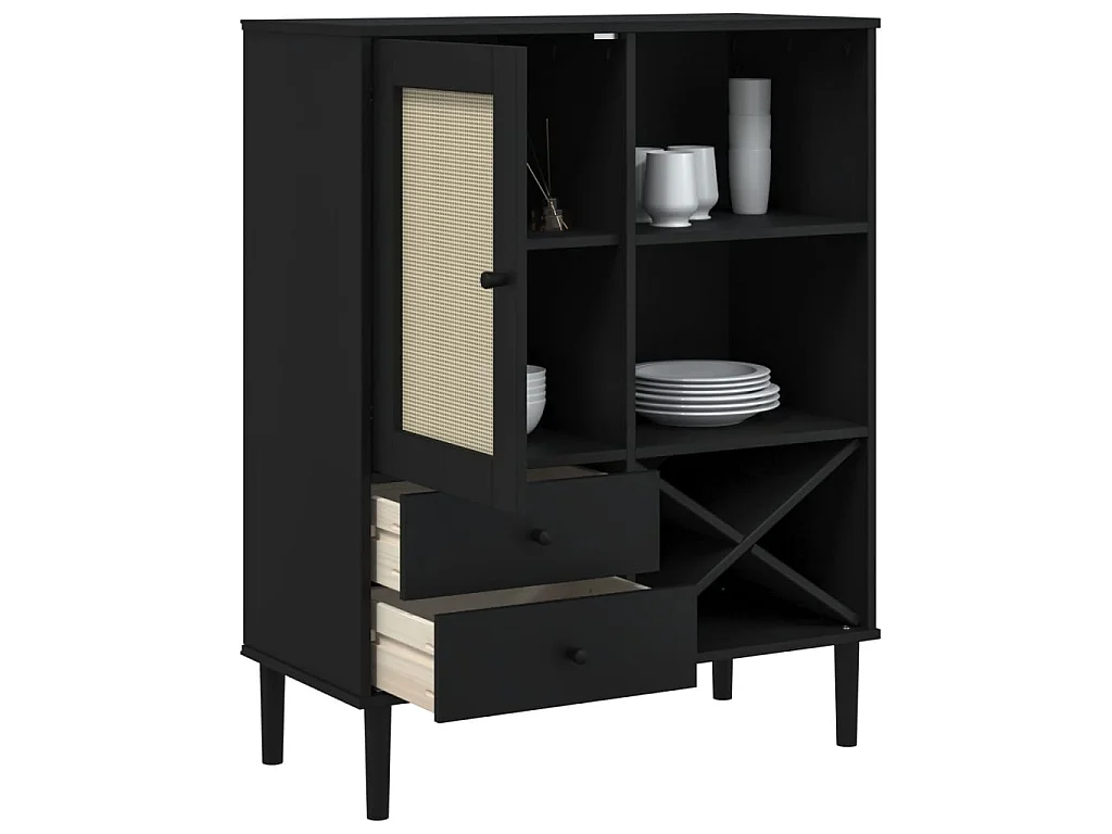 Aparador alto SENJA aspecto de ratán madera negro 90x40x112 cm ES75565