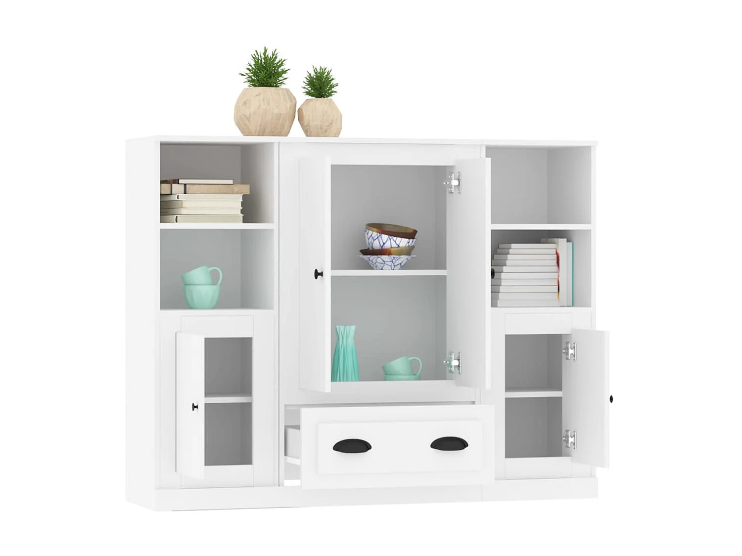 Hoge kasten 3 st bewerkt hout wit NL405873