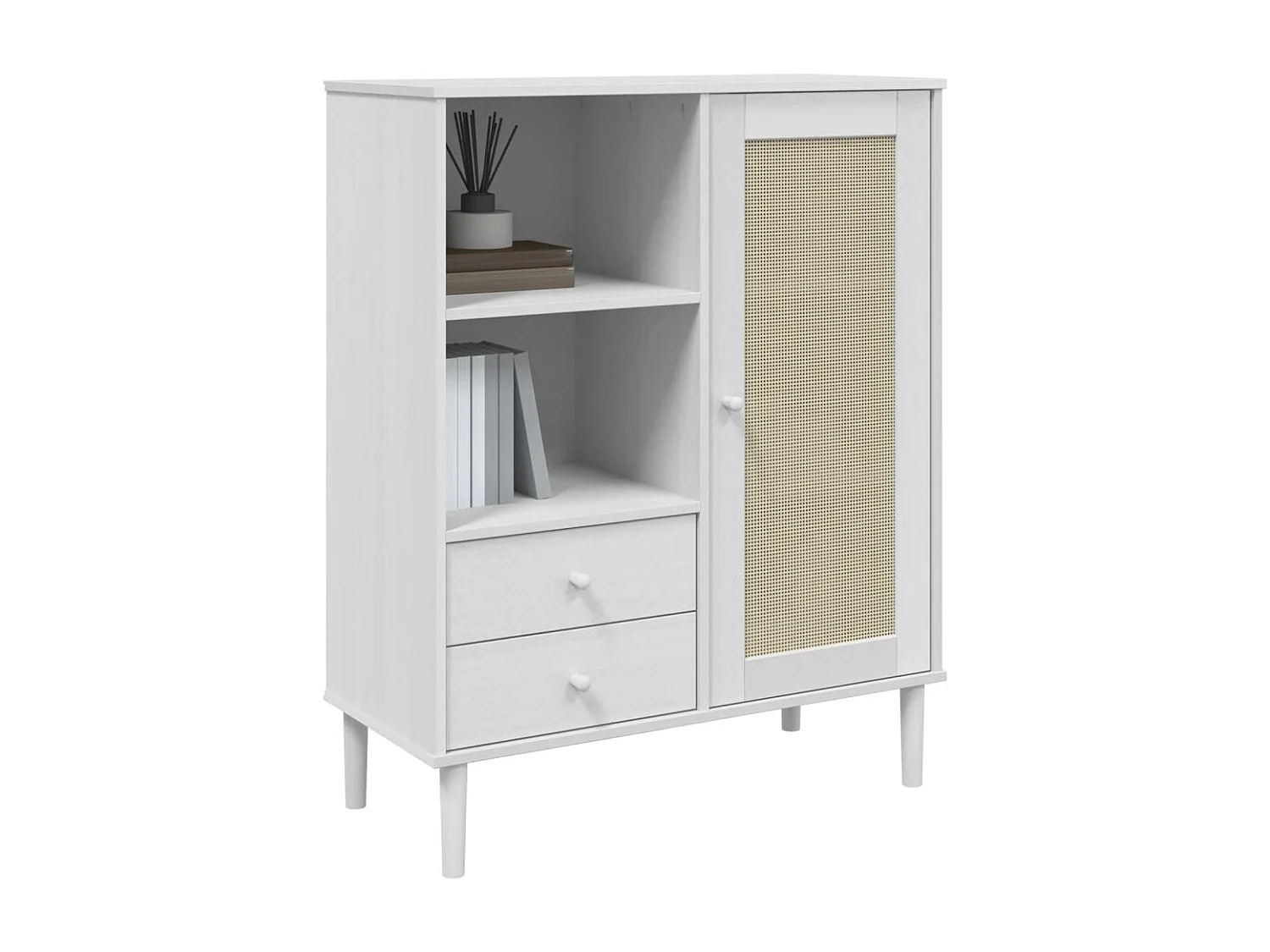 Highboard,Kommode SENJA Rattan-Optik Weiß 90x40x112 cm Kiefernholz -gkd625104