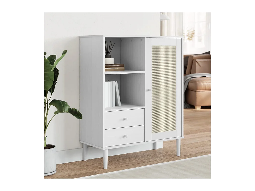 Buffet haut SENJA aspect rotin blanc 90x40x112cm bois massif de pin PEWV44997