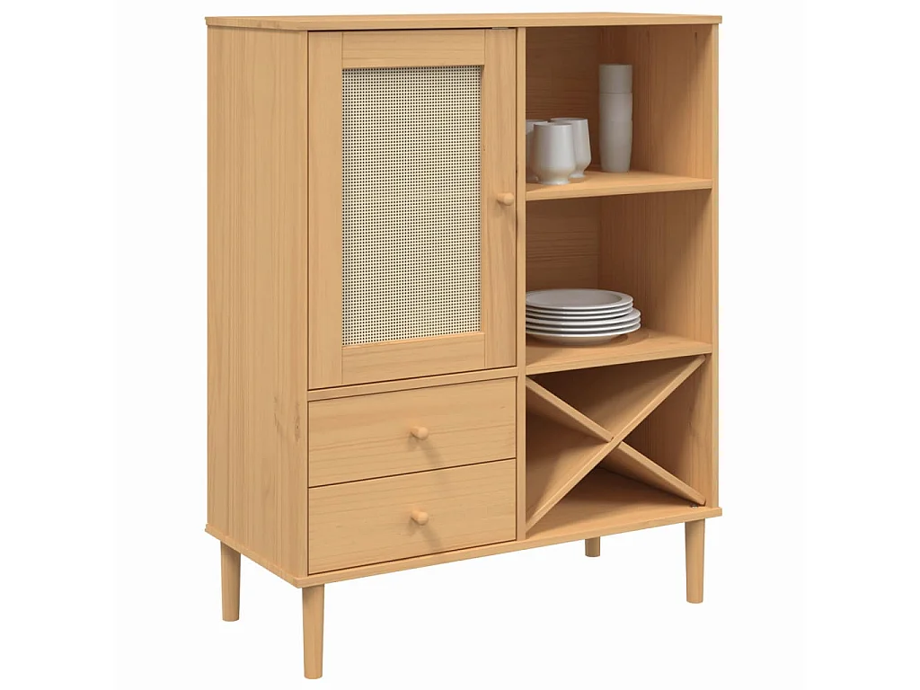 Highboard,Kommode SENJA Rattan-Optik Braun 90x40x112 cm Kiefernholz -gkd990098