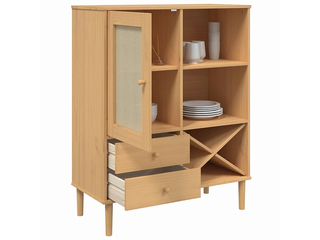 Highboard,Kommode SENJA Rattan-Optik Braun 90x40x112 cm Kiefernholz -gkd990098