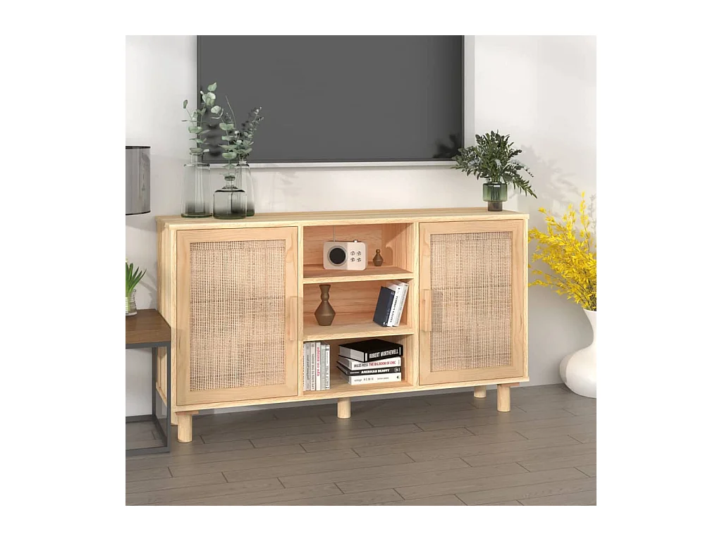 Buffet Marron 105x30x60 cm Bois de pin massif et rotin naturel QWE16433