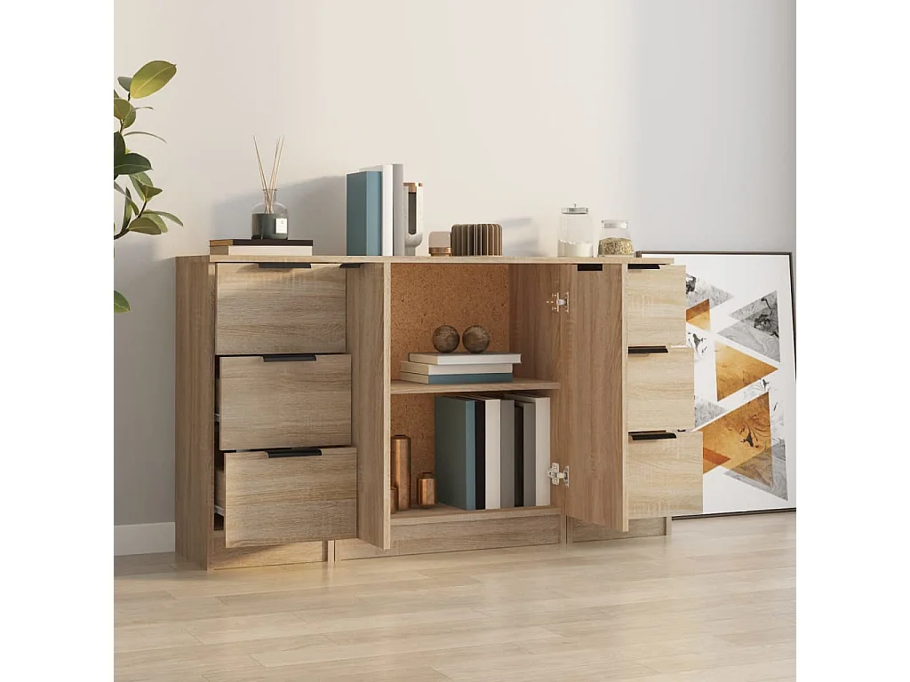 Dressoirs 3 st bewerkt hout sonoma eiken NL29726