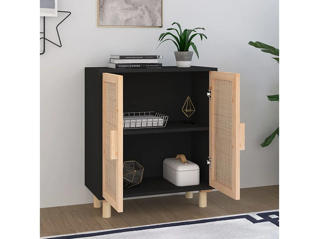 Dressoir 60x30x70 cm massief grenen hout en rattan zwart NL561260