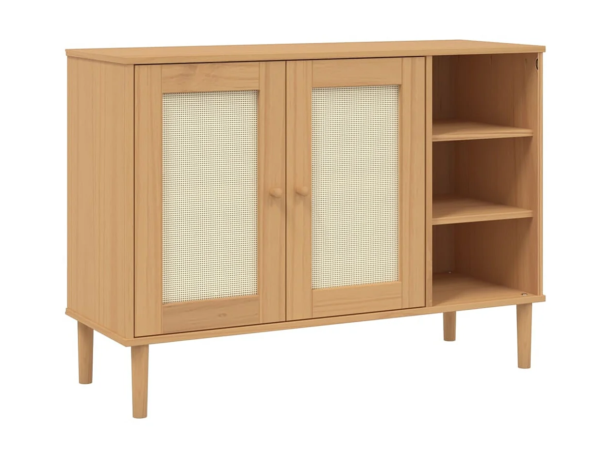 Buffet, Bahut, Meuble de rangement SENJA aspect rotin marron 112x40x80cm bois massif de pin EGER90890 BonneVie Meuble