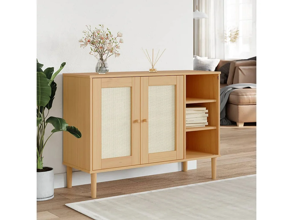 Buffet, Bahut, Meuble de rangement SENJA aspect rotin marron 112x40x80cm bois massif de pin EGER90890 BonneVie Meuble