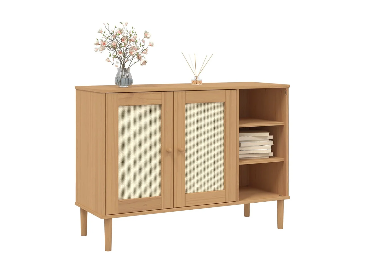 Buffet, Bahut, Meuble de rangement SENJA aspect rotin marron 112x40x80cm bois massif de pin EGER90890 BonneVie Meuble