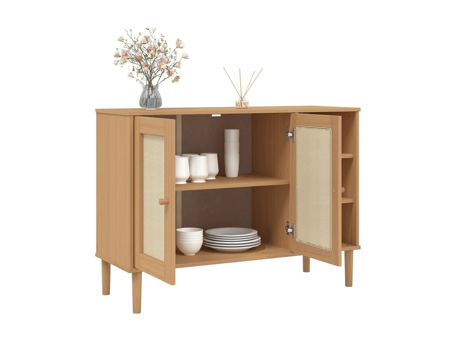 Buffet, Bahut, Meuble de rangement SENJA aspect rotin marron 112x40x80cm bois massif de pin EGER90890 BonneVie Meuble