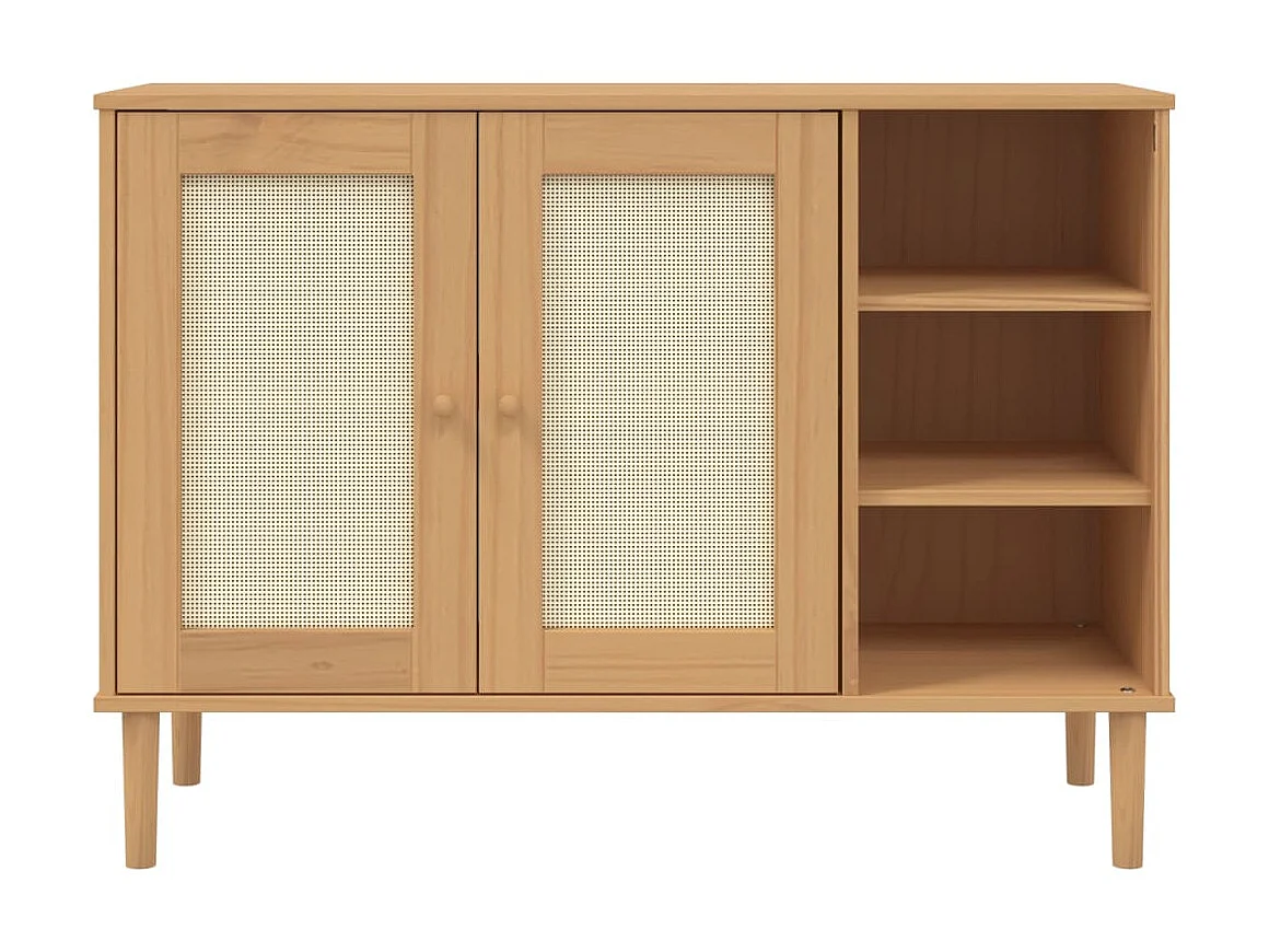 Buffet, Bahut, Meuble de rangement SENJA aspect rotin marron 112x40x80cm bois massif de pin EGER90890 BonneVie Meuble