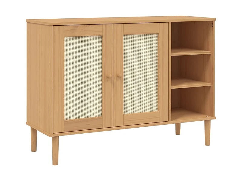 Buffet, Bahut, Meuble de rangement SENJA aspect rotin marron 112x40x80cm bois massif de pin EGER90890 BonneVie Meuble