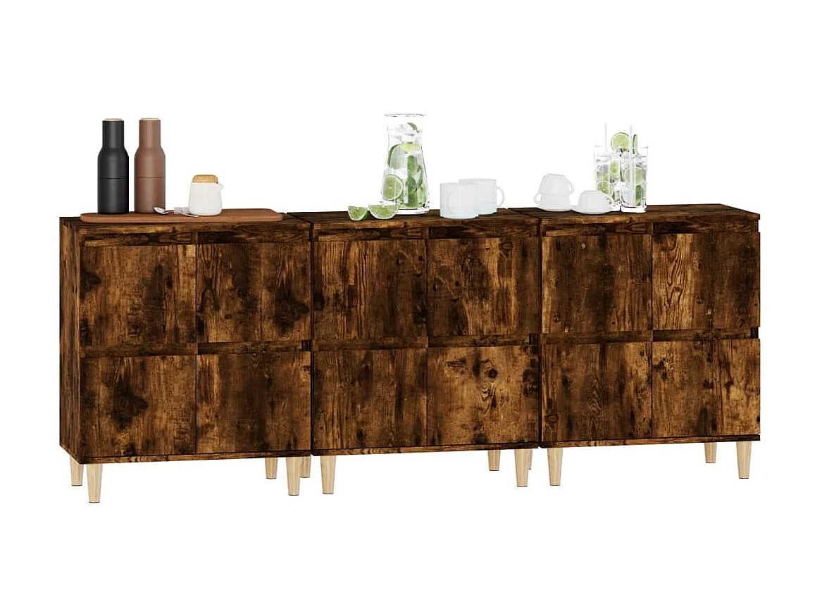 Aparadores 3 uds madera contrachapada roble ahumado 60x35x70 cm ES13652