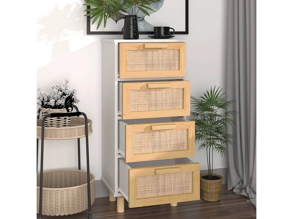 Buffet Blanc 40x30x90 cm Bois de pin massif et rotin naturel QWE76386