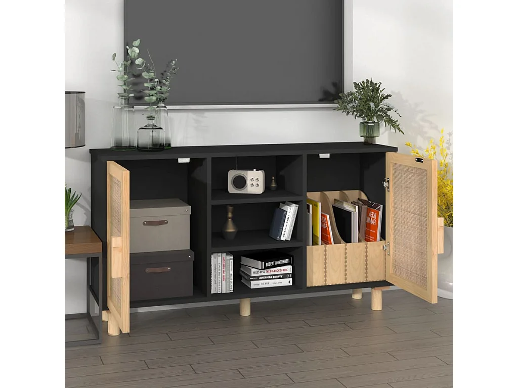 Buffet Noir 105x30x60 cm Bois de pin massif et rotin naturel EGER79402