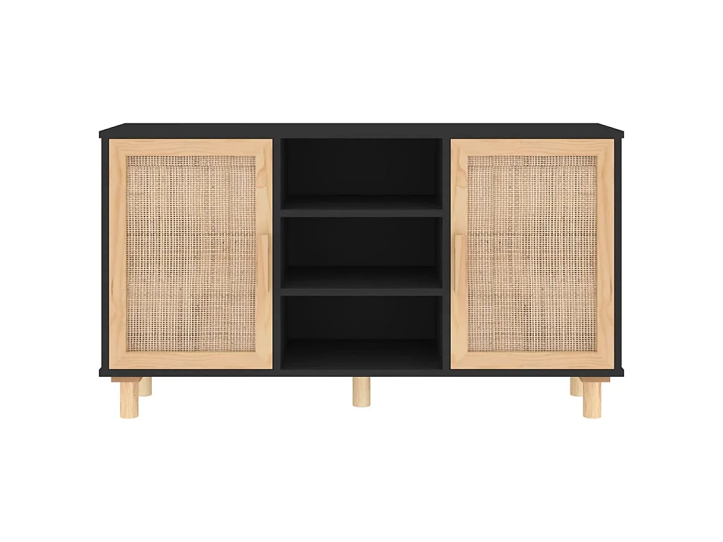Buffet Noir 105x30x60 cm Bois de pin massif et rotin naturel EGER79402