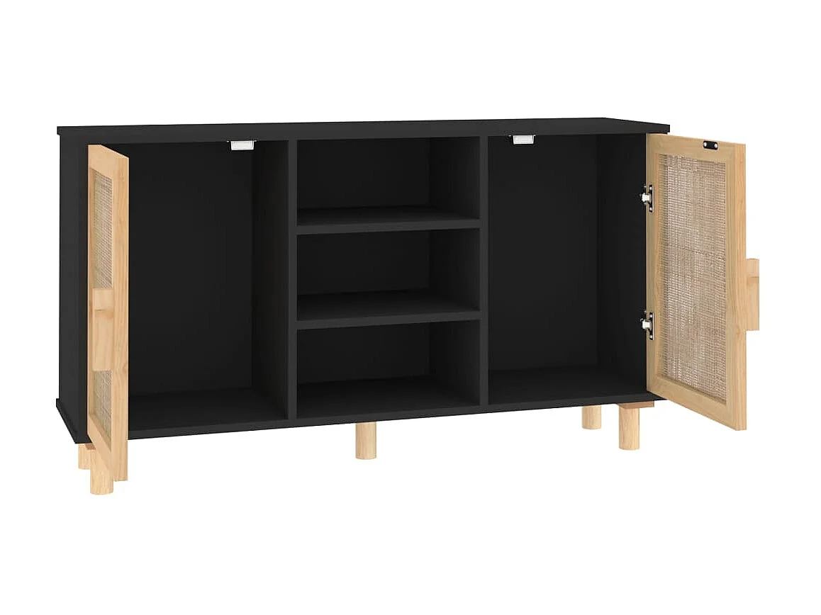 Buffet Noir 105x30x60 cm Bois de pin massif et rotin naturel EGER79402