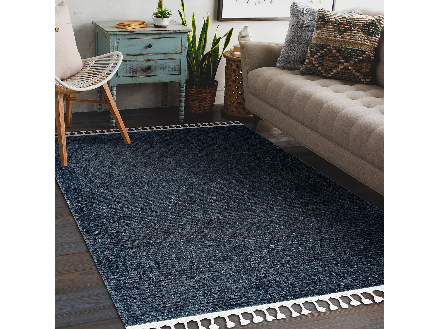 Tapis SEVILLA PC00B rayures bleu Franges berbère marocain shaggy 200x290 cm