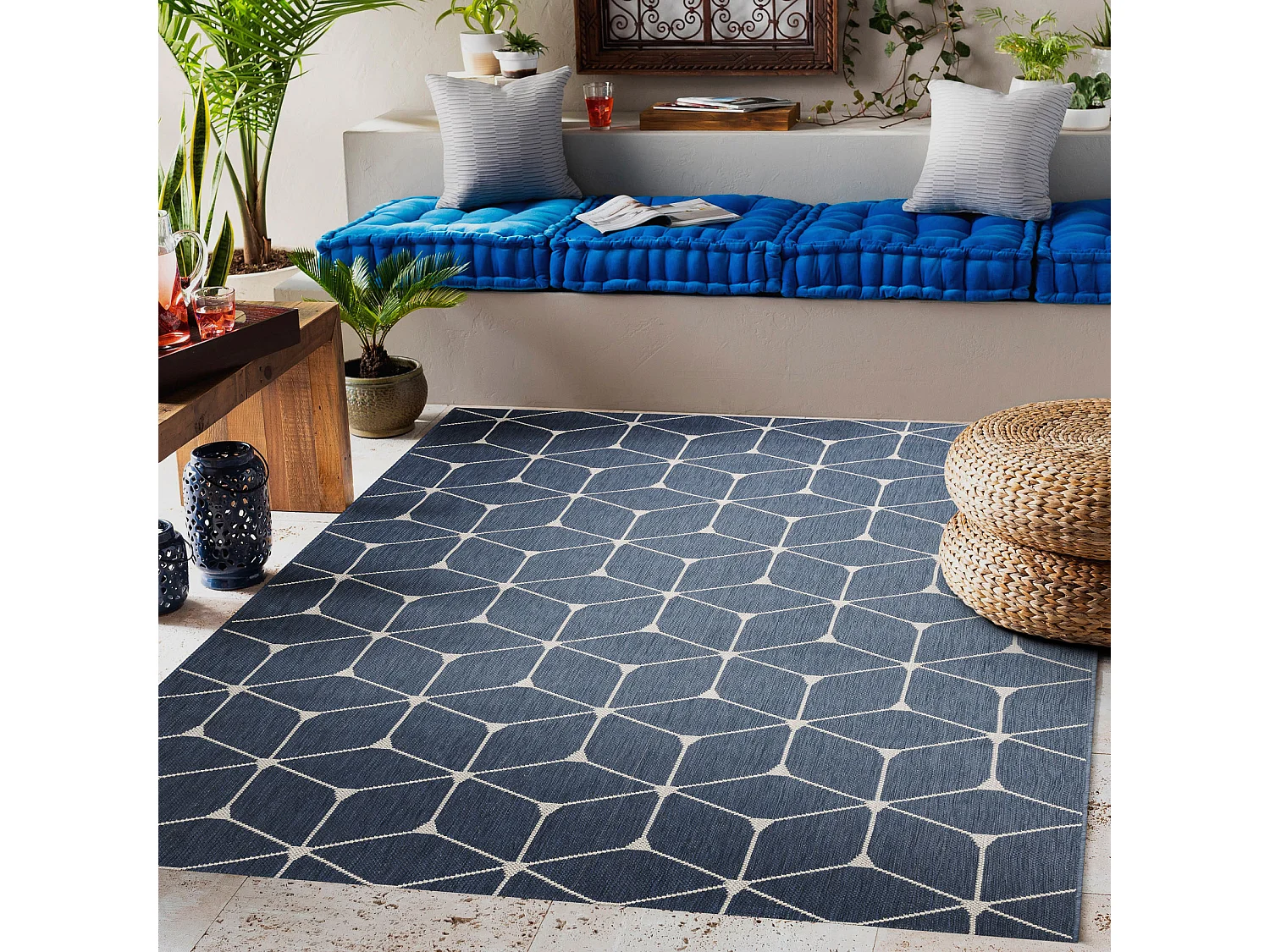 Tapis EN CORDE SIZAL FLAT 48721/591 CUBES 3D bleu 160x230 cm