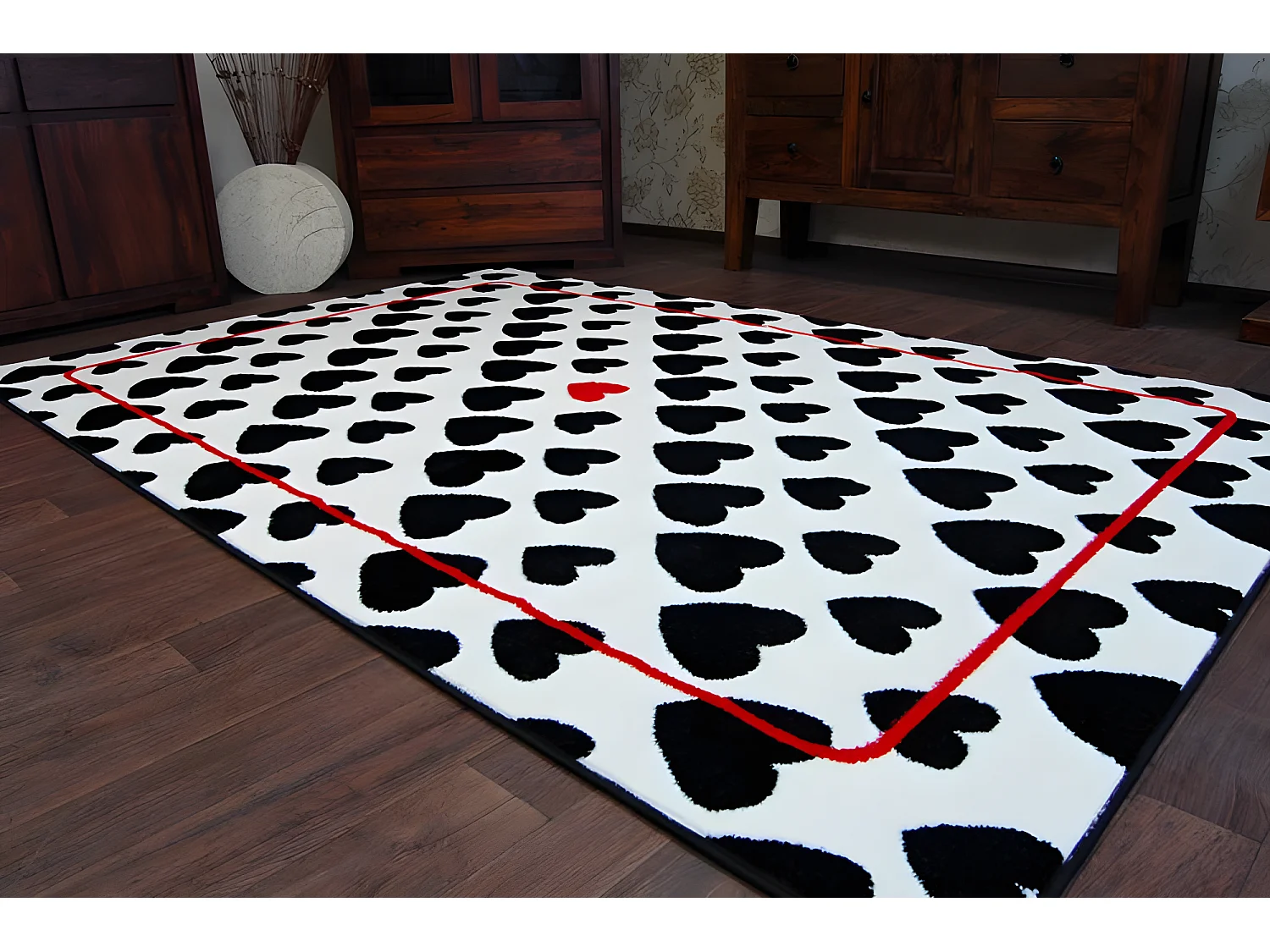 Tapijt SKETCH - F755 room/zwart - Hartjes  200x290 cm