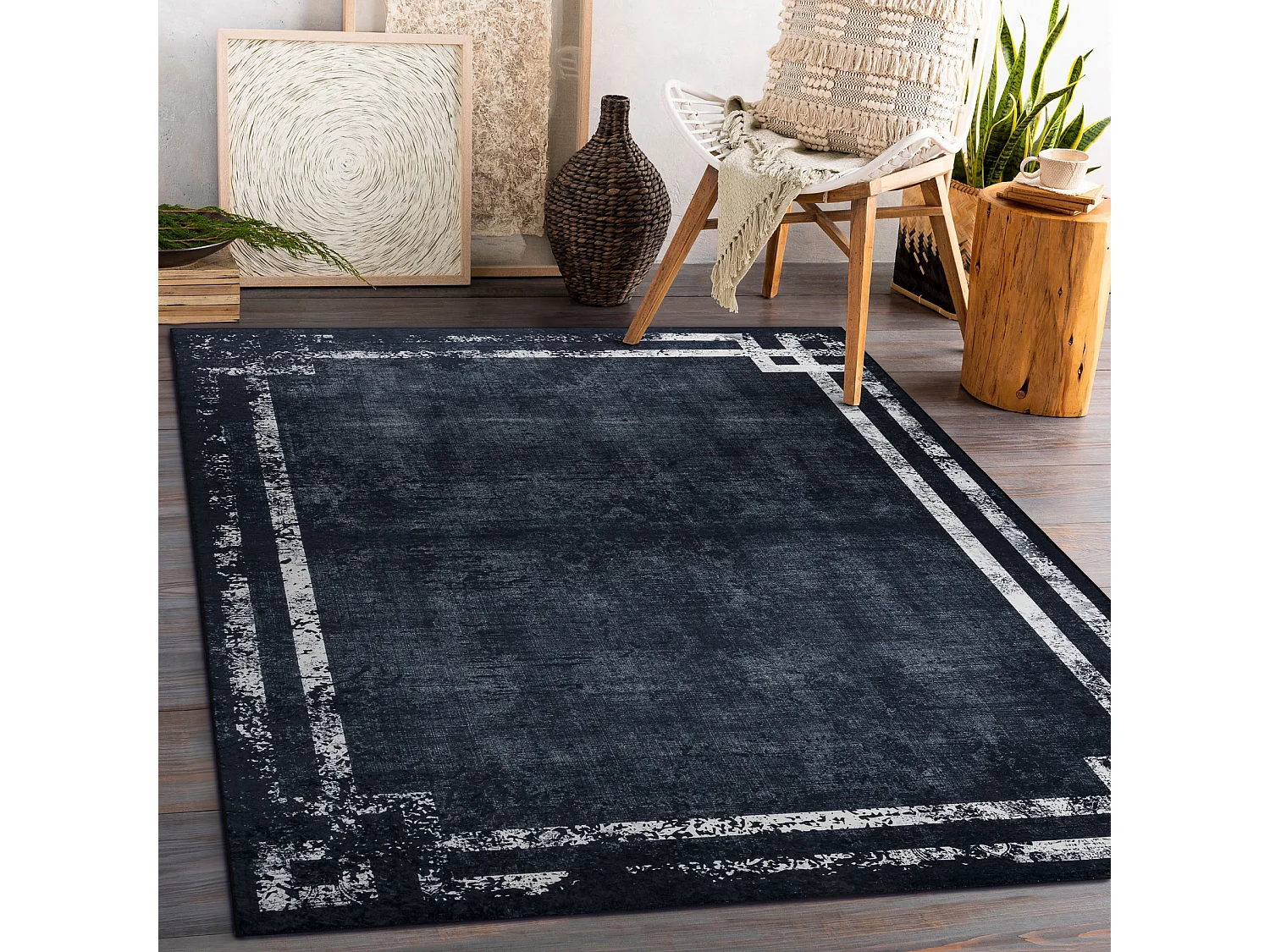 ANDRE 1486 tapijt wasbaar Kader vintage antislip - zwart / witrand 80x150 cm