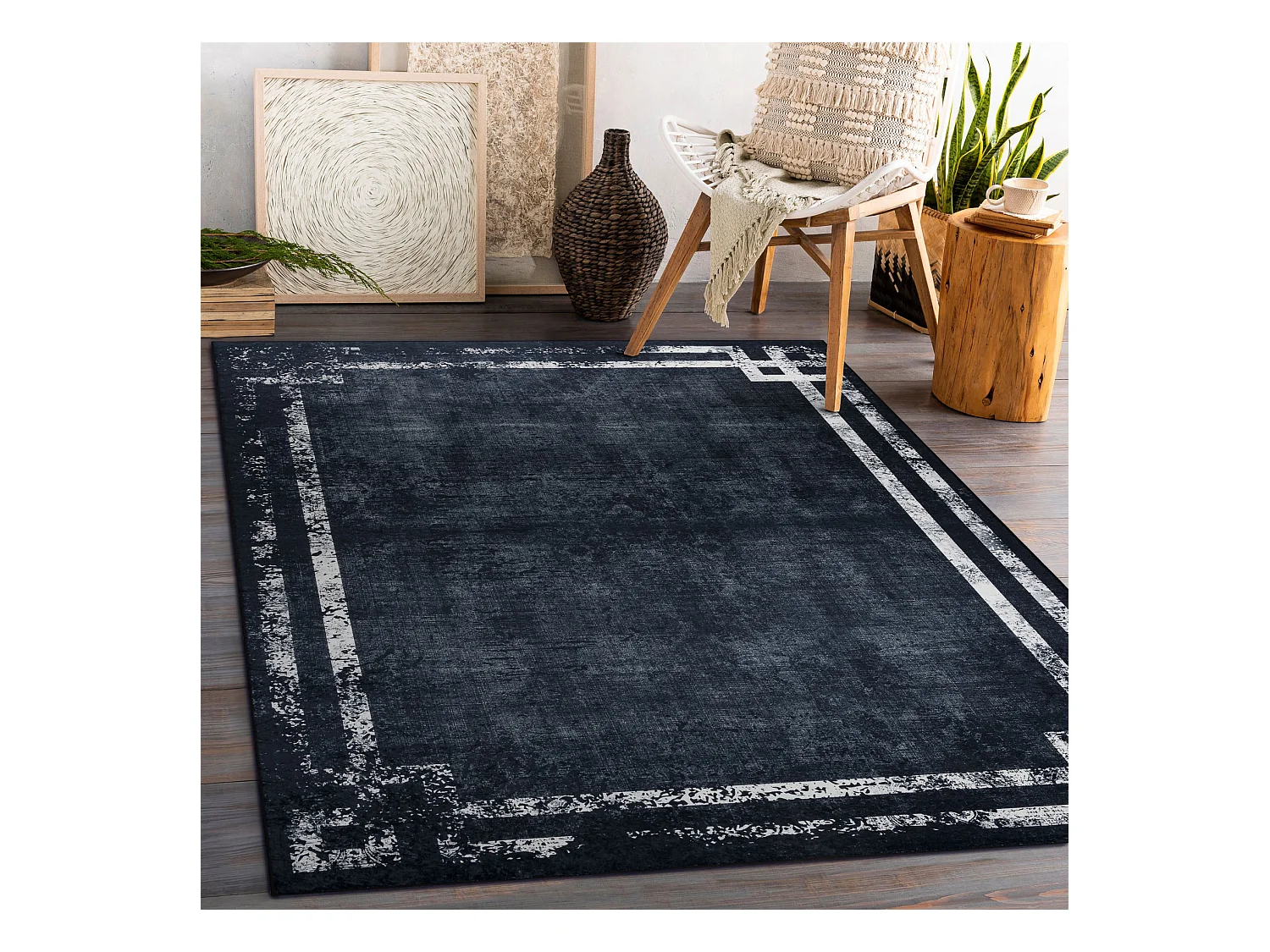 Tapis lavable ANDRE 1486 marbre vintage antidérapant - noir et blanc 80x150 cm