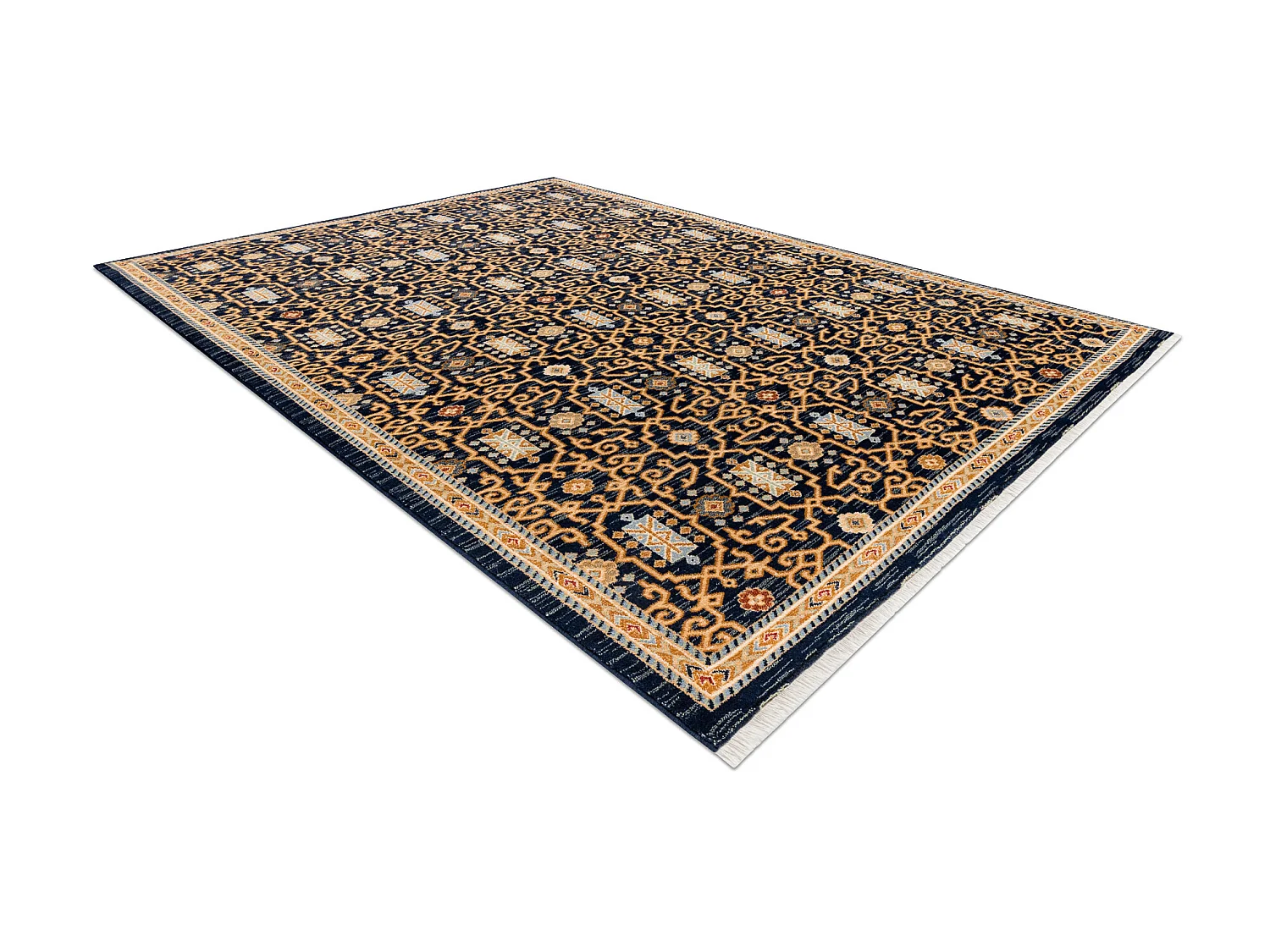 Tapis KESHAN franges, oriental classique 7680/53511 beige / bleu fonc� 200x290 cm