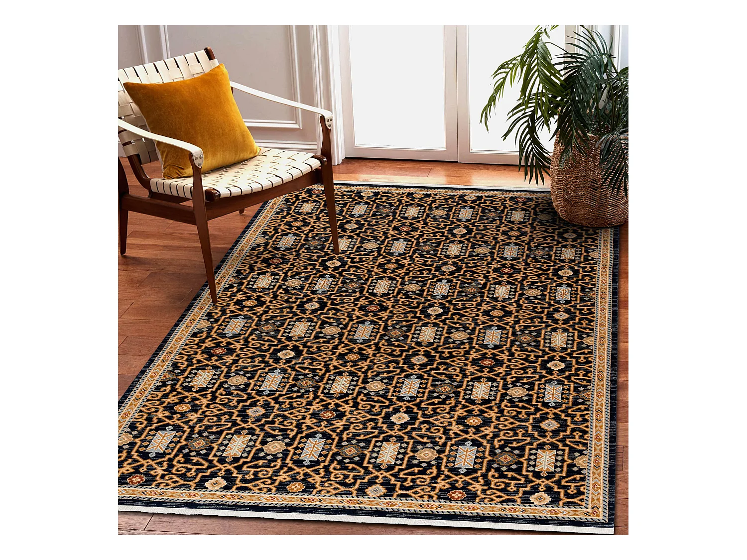 Tapis KESHAN franges, oriental classique 7680/53511 beige / bleu fonc� 200x290 cm