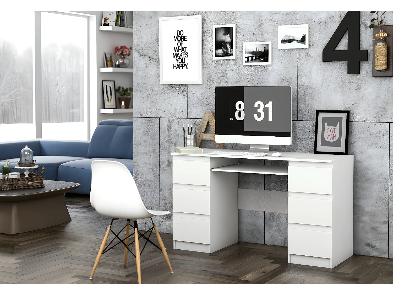 BARI | Bureau informatique d'ordinateur | Travail Gaming Office | 6 Tiroirs + Support clavier coulissant | Mobilier moderne bureau