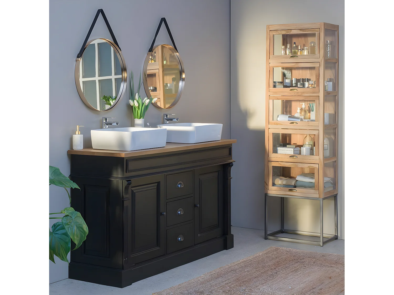 Meuble sous vasque en pin massif noir 150 cm Manel