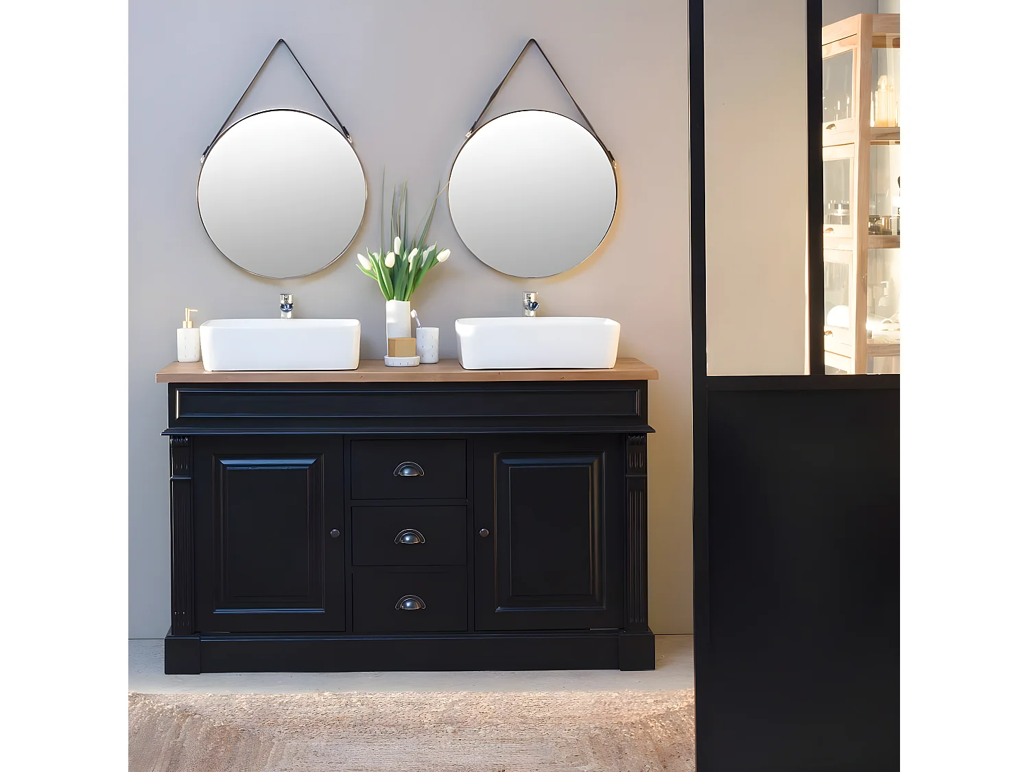 Meuble sous vasque en pin massif noir 150 cm Manel