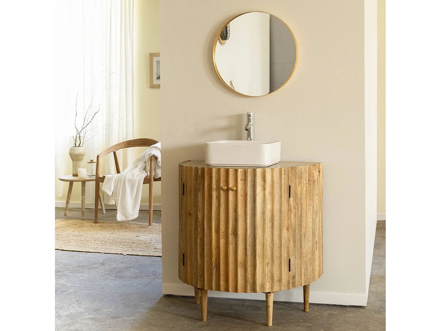 Meuble sous vasque en bois de manguier et terrazzo Bao