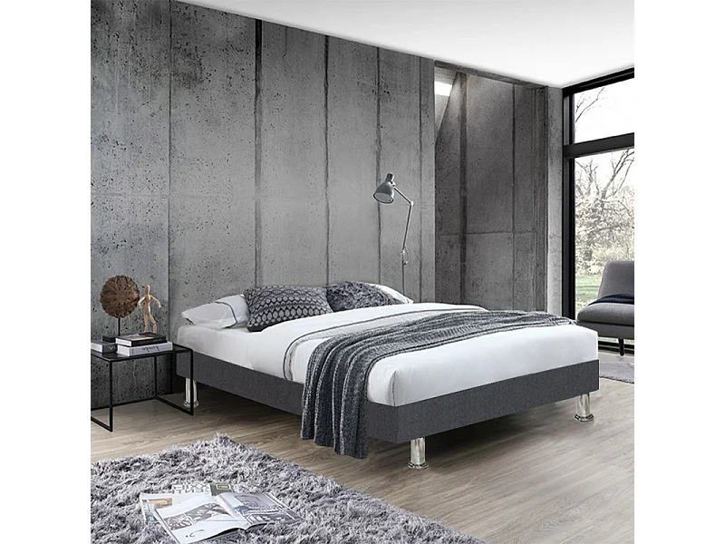 Sommier tapissier 160x200 cm en tissu gris foncé pieds métal - REMIMOS