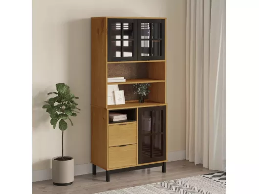 Kauf Unique Highboard,Kommode mit Glastüren FLAM 80x40x180 cm Massivholz Kiefer -gkd889037