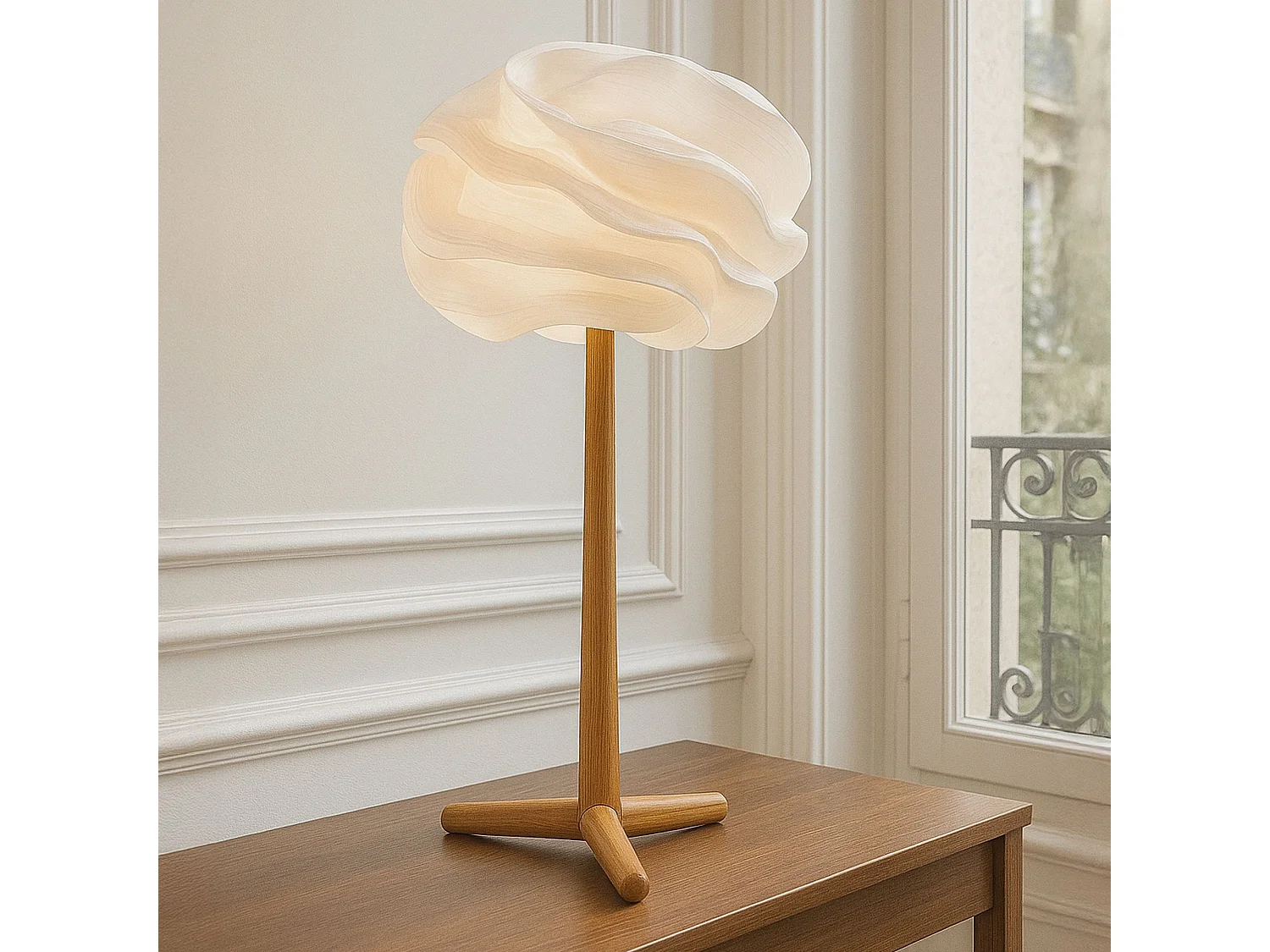 Now's Home - Lampe A Poser Abat Jour Zipper Ivoire Pied Teck 45x45x94cm Mekar
