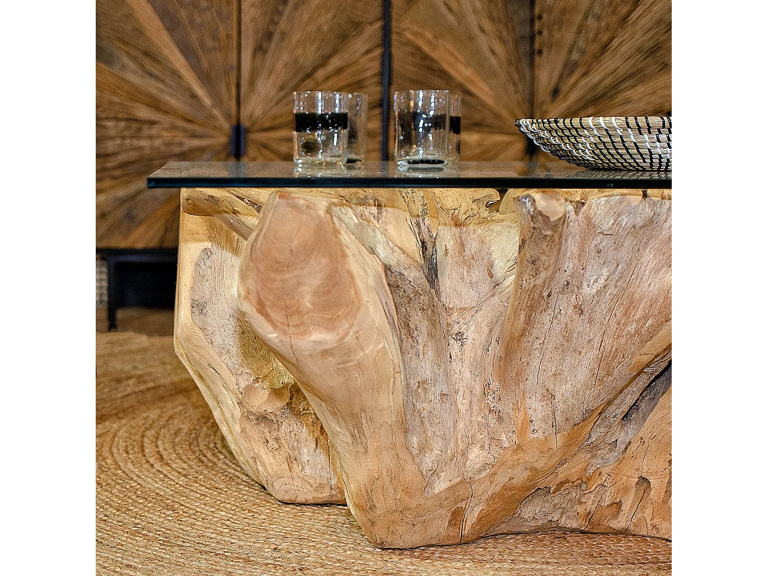 Now's Home - Table Basse En Racine De Teck Et Plateau En Verre 105cm