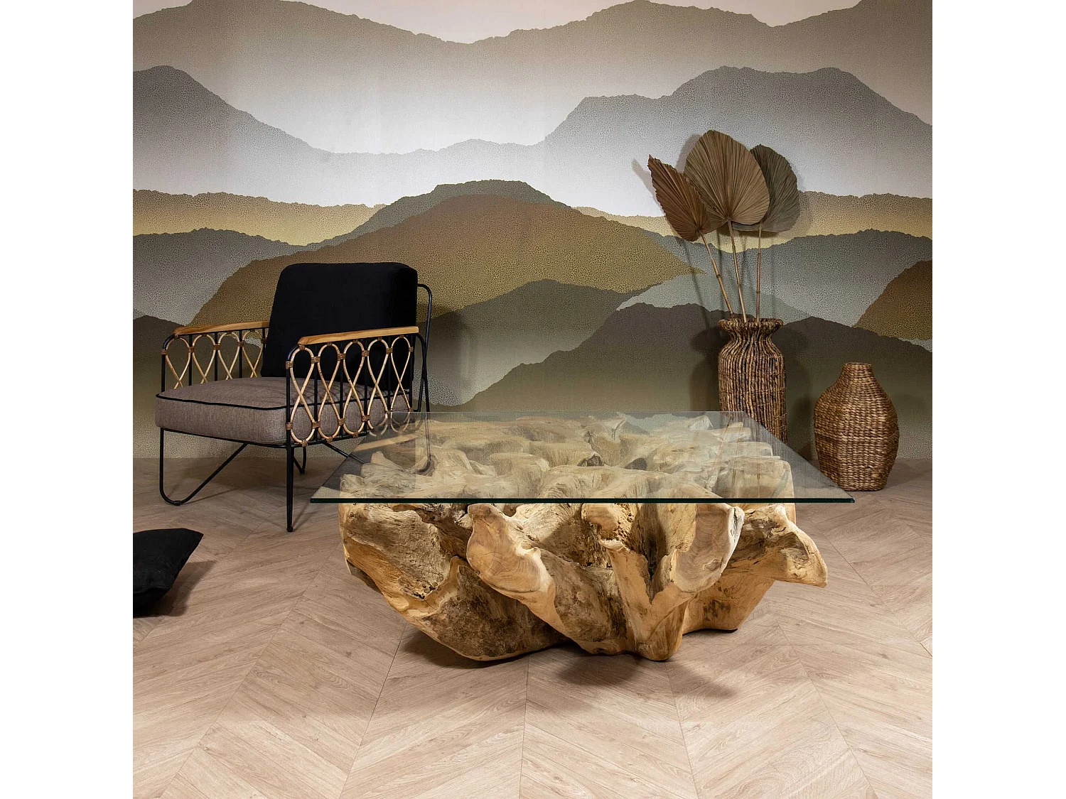 Now's Home - Table Basse En Racine De Teck Et Plateau En Verre 105cm