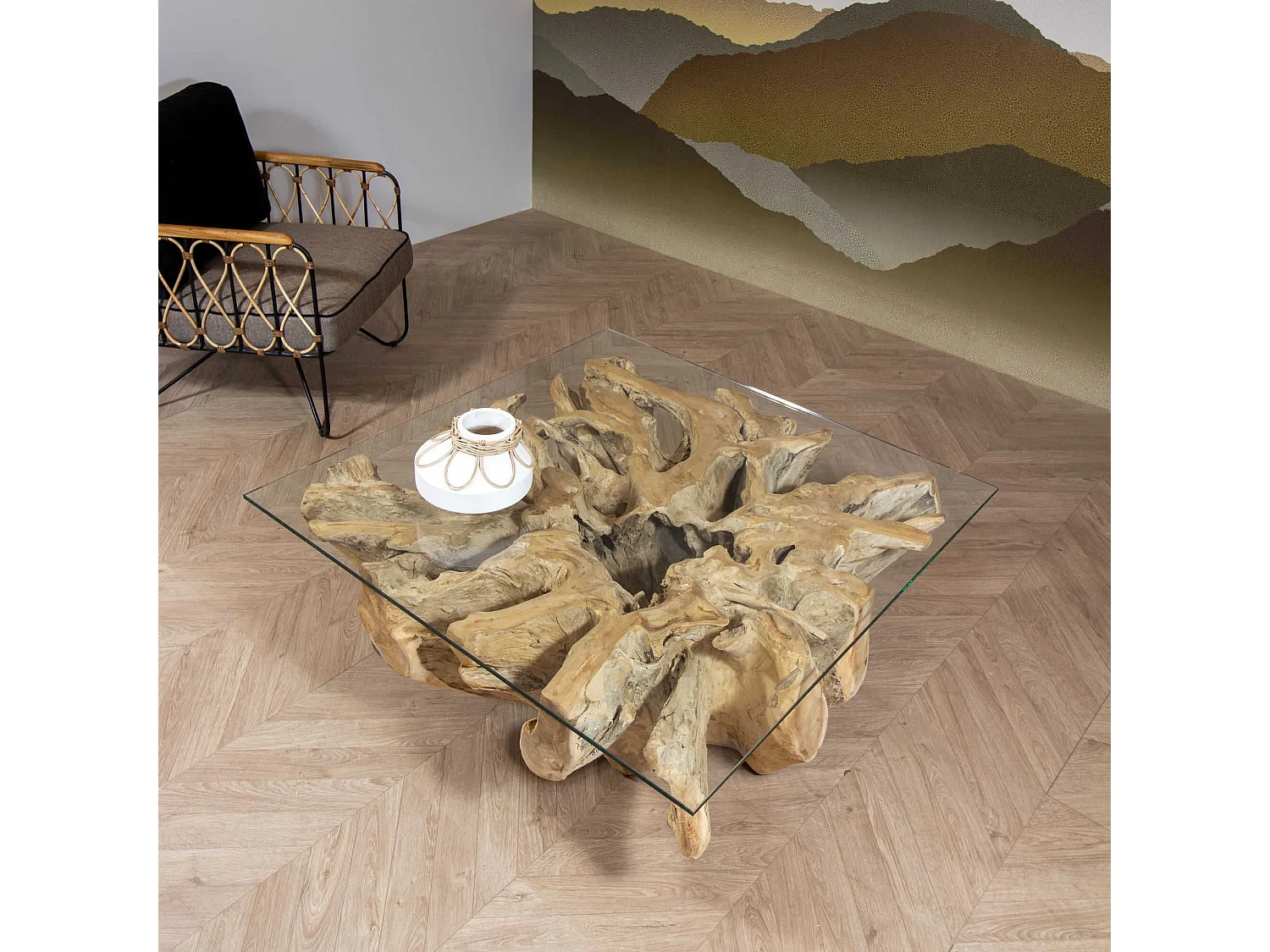 Now's Home - Table Basse En Racine De Teck Et Plateau En Verre 105cm