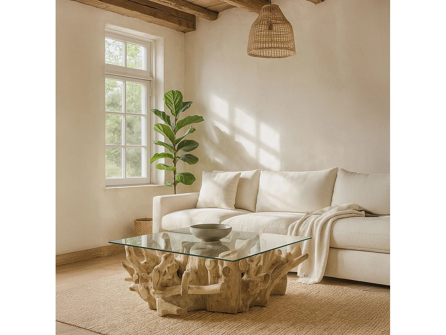 Now's Home - Table Basse En Racine De Teck Et Plateau En Verre 105cm