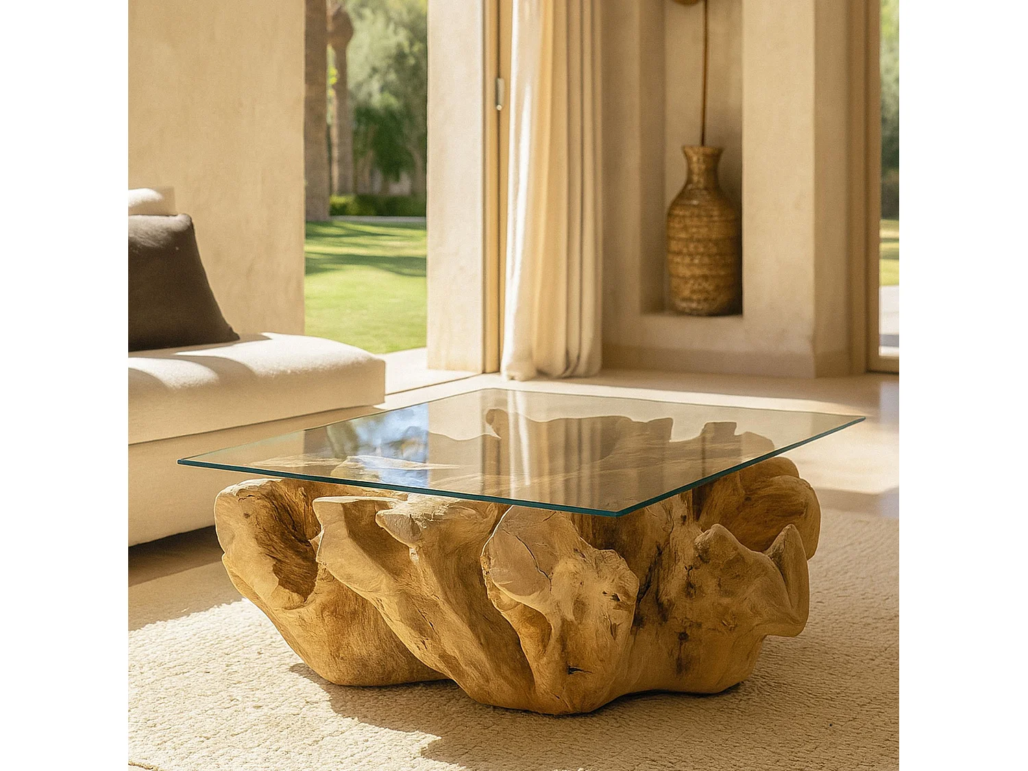 Now's Home - Table Basse En Racine De Teck Et Plateau En Verre 105cm