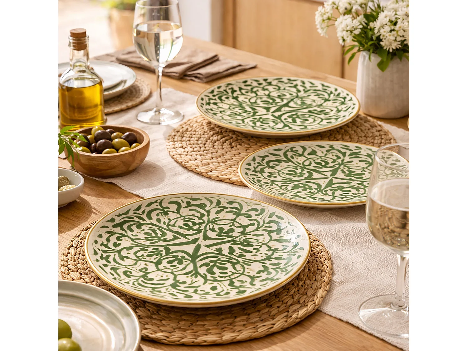 Novastyl - Lot 6 Assiettes Plates Heraclee 27cm En Gres Decor Vert