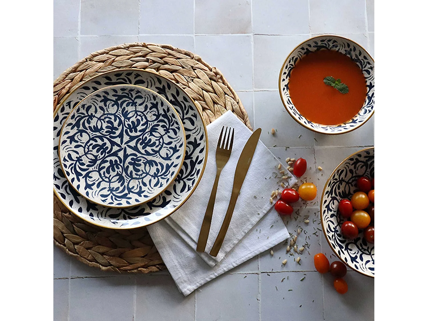 Novastyl - Lot 6 Assiettes Creuses Heraclee 20cm En Gres Decor Bleu