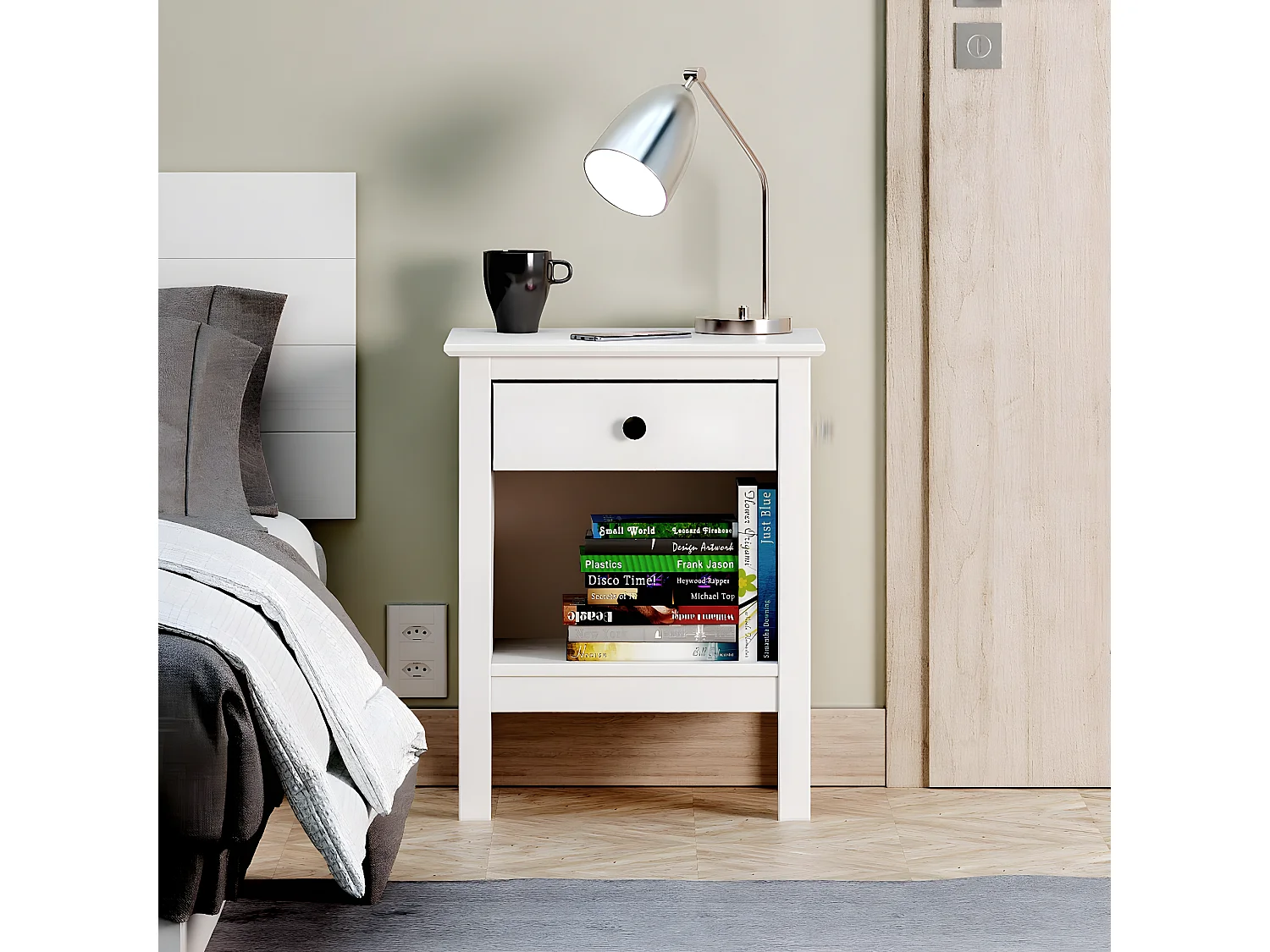 Table de chevet, table de nuit avec 1 tiroir coloris blanc - L. 48 x P. 35 x H. 60 cm