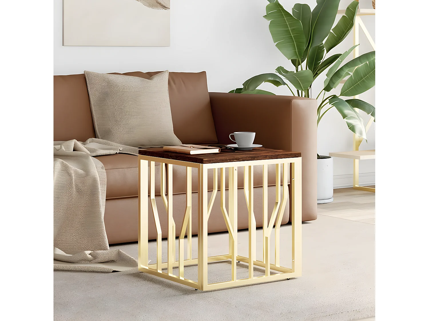 Salontafel roestvrij staal en massief gerecycled hout goudkleur NL607041