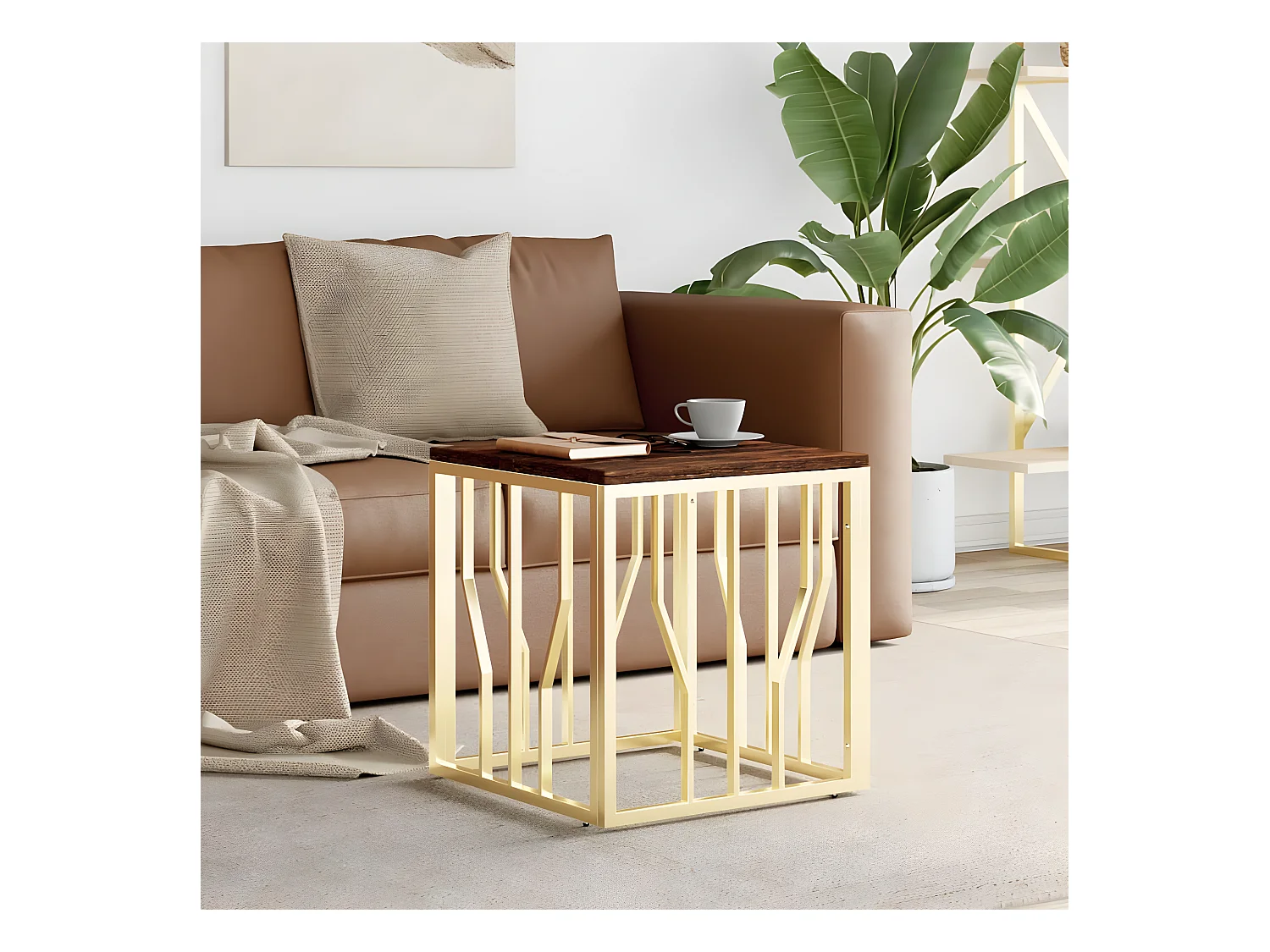 Table basse doré acier inoxydable et bois massif récupération OFR93178 BonneVie Meuble