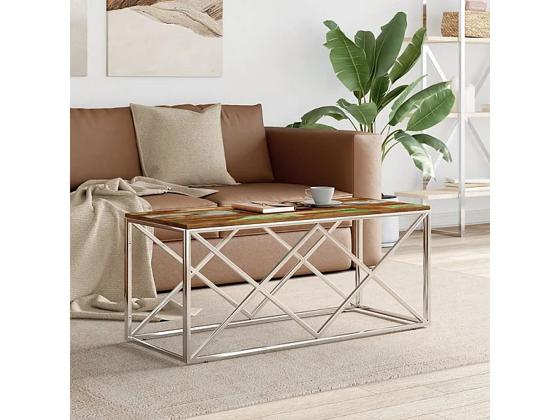 Table basse acier inoxydable et bois massif de récupération OFR94528 BonneVie Meuble