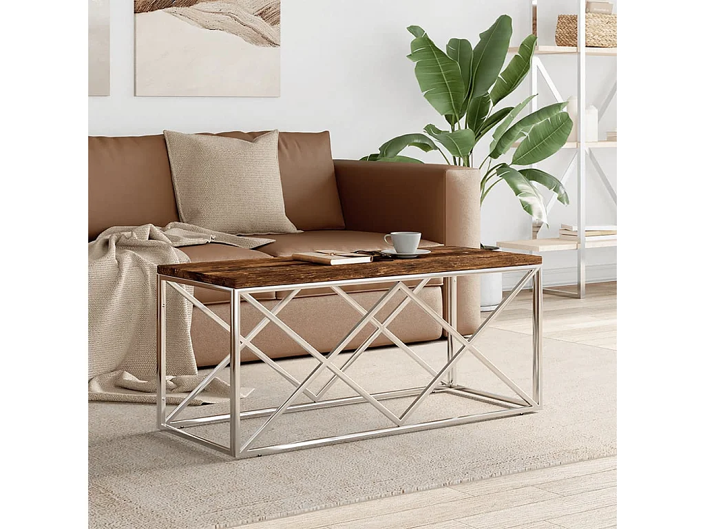 Table basse acier inoxydable et bois massif de récupération OFR81948 BonneVie Meuble