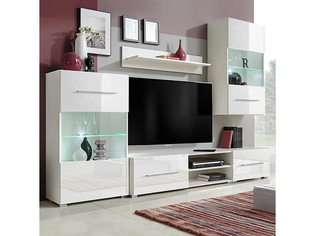 5 pcs Meubles TV mural avec éclairage LED avec Etagères et Rangement Blanc BE32304