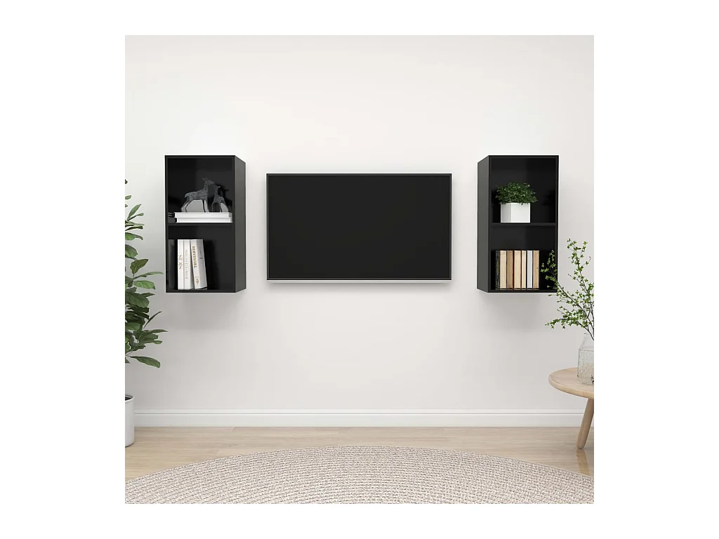 Tv-wandmeubelen 2 st bewerkt hout hoogglans zwart NL884138